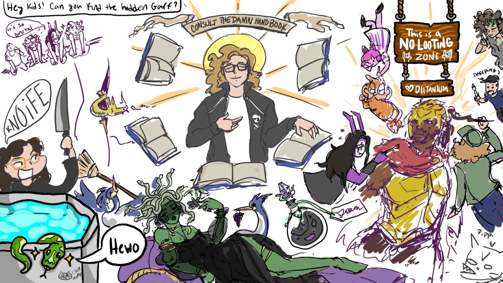 The banner is a drawing that shows the player Erin at the center surrounded by D and D handbooks. Around her are scenes from that nights game.